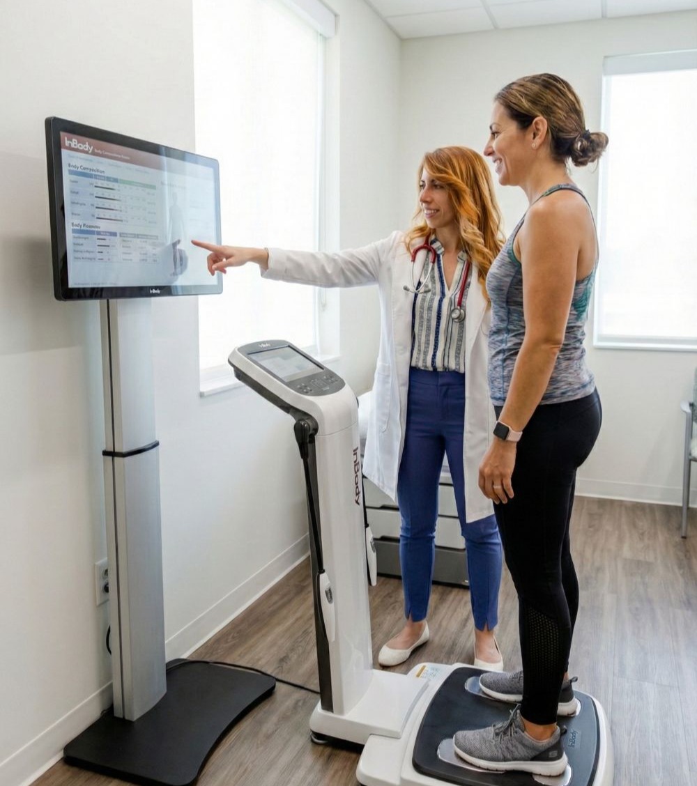 Body Composition Analysis in Wellington, FL A patient standing on an InBody body composition scale machine while a nurse practitioner reviews results on a screen nearby. Clean modern medical office, bright lighting, professional and high-tech feeling.