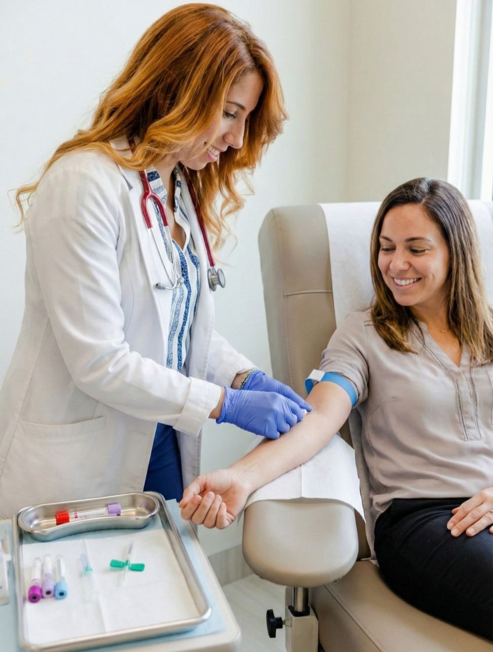 Hormone Testing for Weight Loss in Wellington, FL A nurse practitioner drawing blood from a patient's arm in a clean medical setting. Patient looks comfortable and relaxed. Soft lighting, professional healthcare environment, reassuring tone.