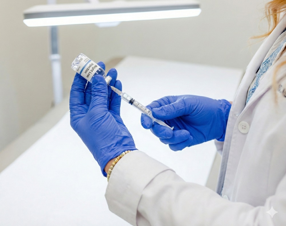 Weight Loss Injections in Wellington, FL Close-up of a healthcare provider's gloved hands preparing a small injection with a vial of clear liquid nearby. Clean white medical background, professional lighting, clinical yet approachable.