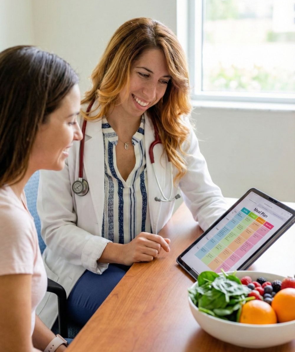 Nutritional Counseling for Weight Loss in Wellington, FL A healthcare provider and patient looking at a colorful meal plan on a tablet together. Fresh vegetables and fruits visible on the table. Bright, warm lighting, healthy and positive atmosphere.