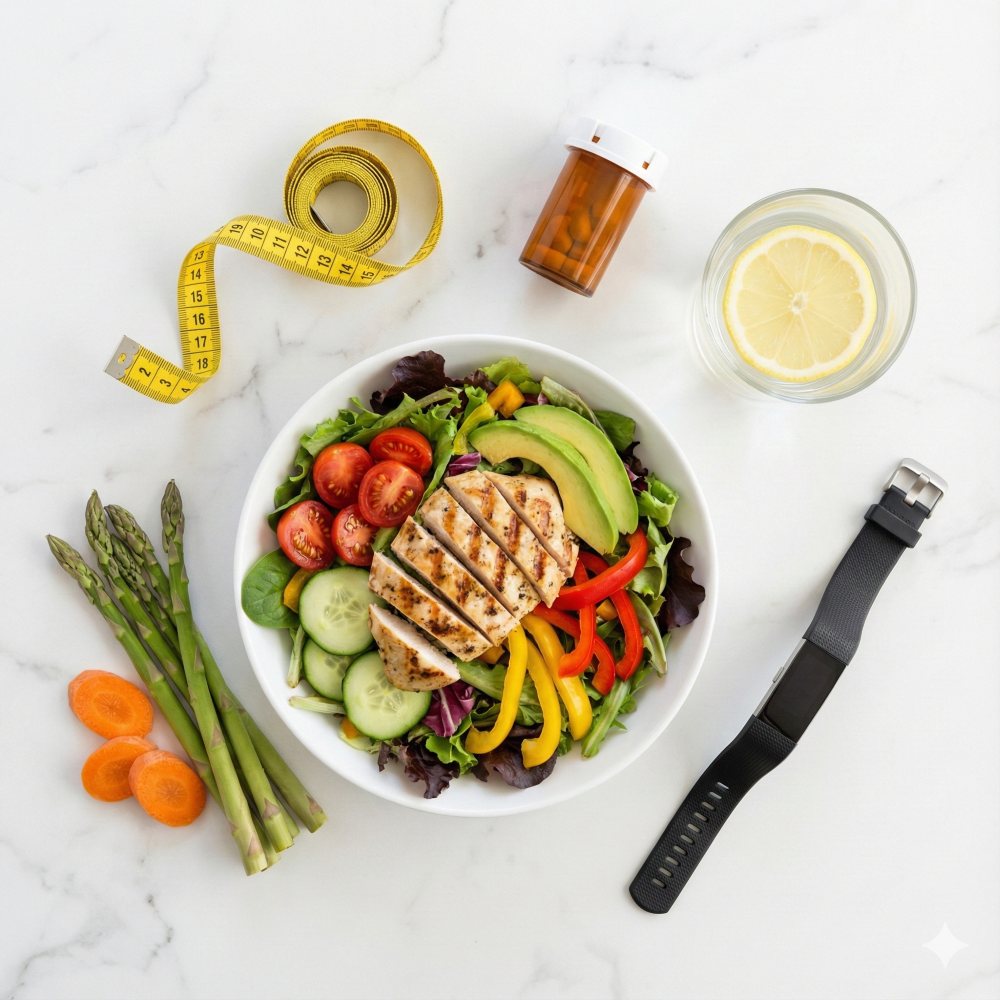 Healthy meal, fitness tracker, and medication representing the complete medical weight loss program at Beyond Concierge Healthcare in Wellington, FL