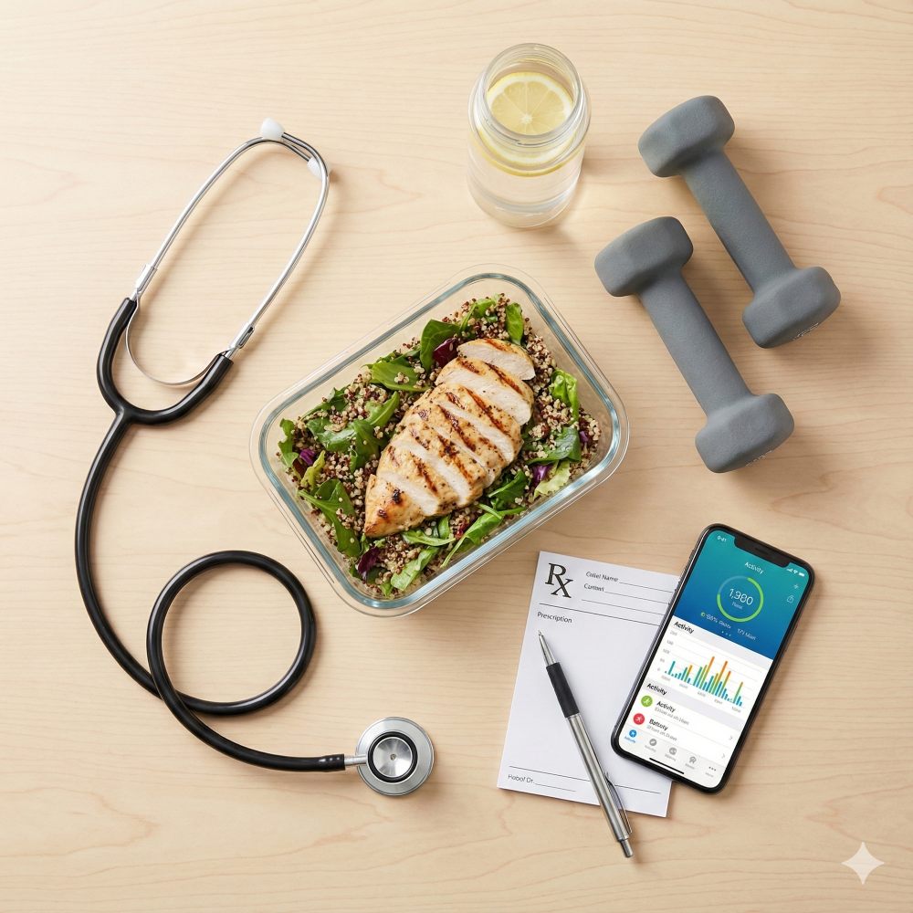 Components of a medical weight loss program at Beyond Concierge Healthcare in Wellington, FL including nutrition, exercise, and medication support